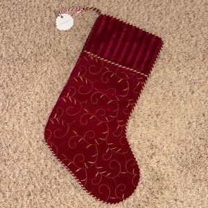 New Anthropologie Embroidered Velvet Christmas Stocking Red